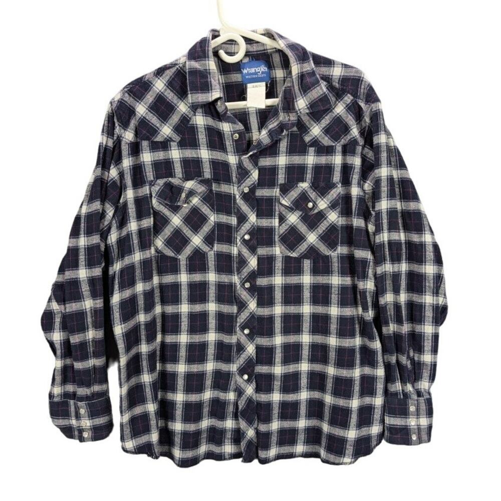 Wrangler Pearl Snap Shirt Mens Extra Large Flannel Blue Plaid Long Sleeve Rodeo